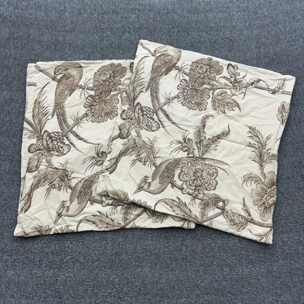 Pottery Barn Floral Bird Linen Cotton Blend Pillow Cover 24 X 24 Case Set